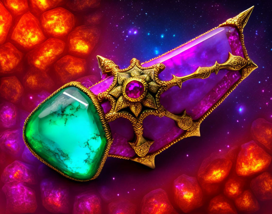 Colorful fantasy dagger with green gem and purple blade on cosmic backdrop