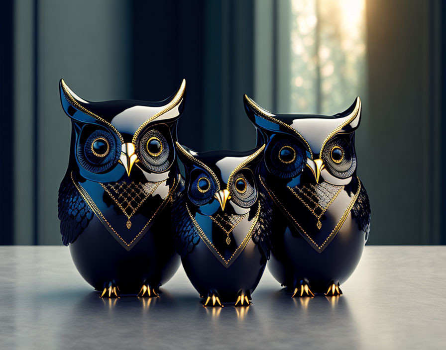 Three black and gold ornate owl figurines on reflective surface