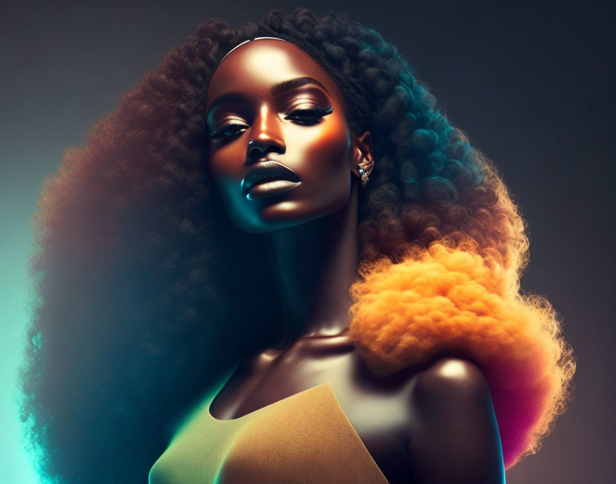 Woman with Voluminous Curly Hair and Striking Makeup in Colorful Light