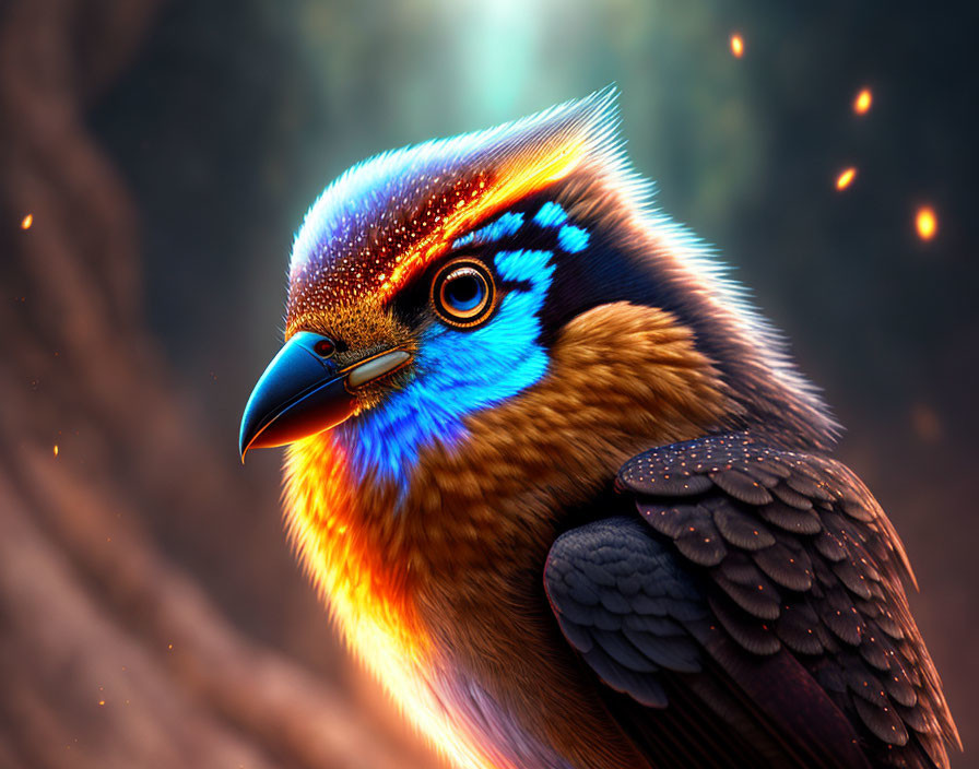 Colorful Bird with Blue and Orange Plumage in Golden Light on Brown Background