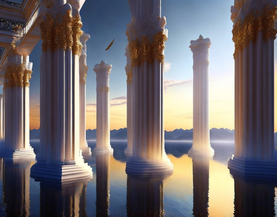 Mythical sunset scene with white columns, gold accents, and purple mountains