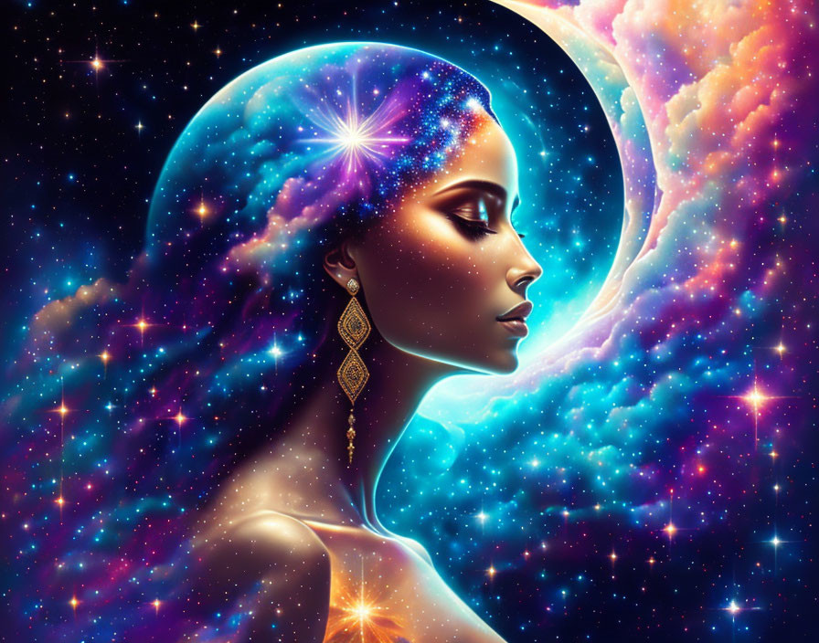 Cosmic-themed woman's face profile against vibrant space backdrop