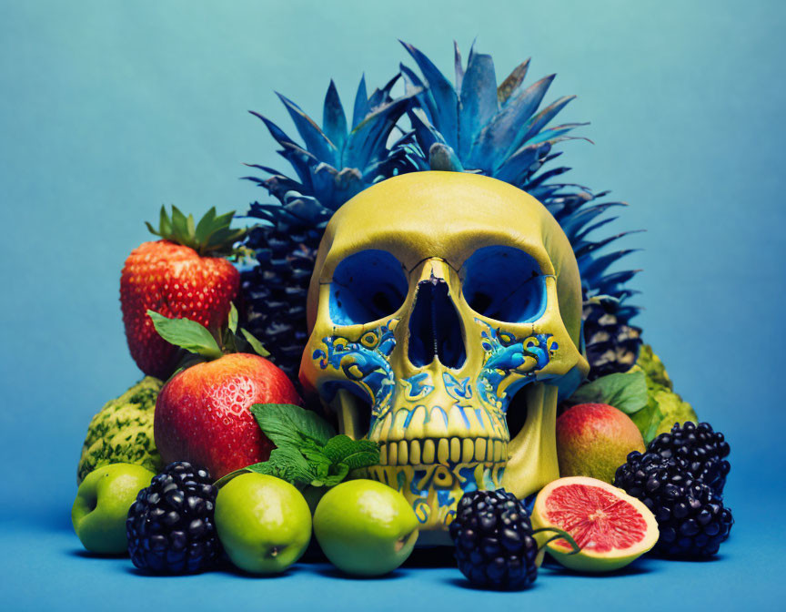 Colorful Fruit and Skull Still Life on Blue Background