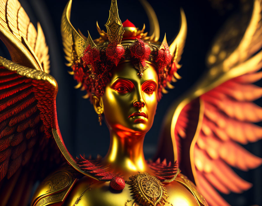 Golden statue of woman with crown, ornate neckpiece, and wings on dark background