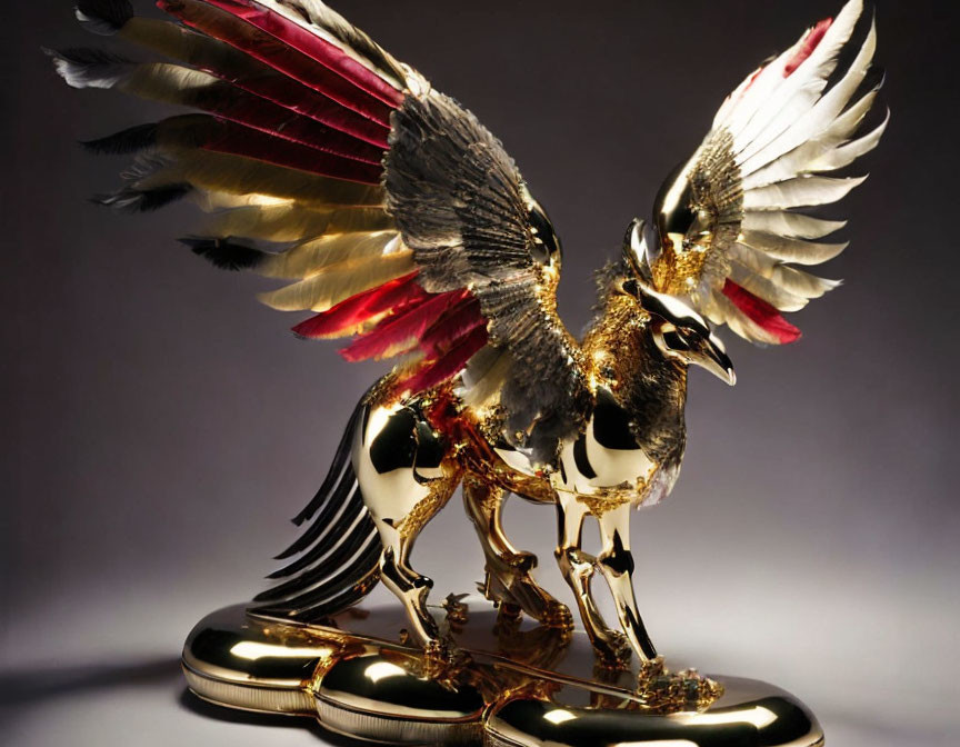 Metallic two-headed eagle sculpture with gold details and red accents