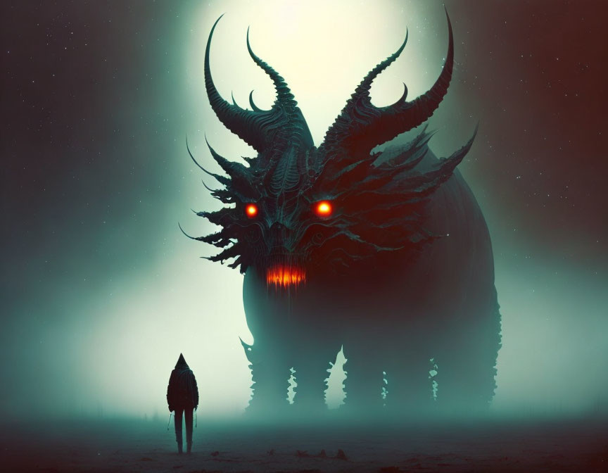 Person confronts horned beast in mystical foggy landscape