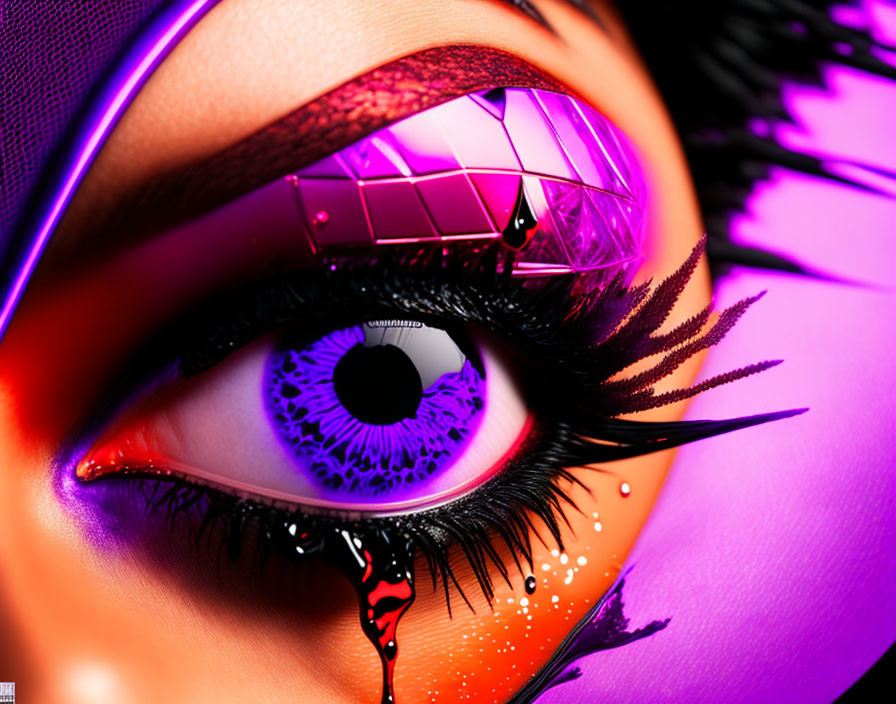 Highly stylized eye with purple iris and vibrant pink and orange hues