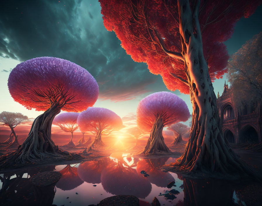 Vibrant red and purple trees in a fantastical landscape with gothic structure at sunset