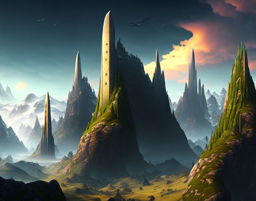 Fantastical landscape with towering spires and lush greenery