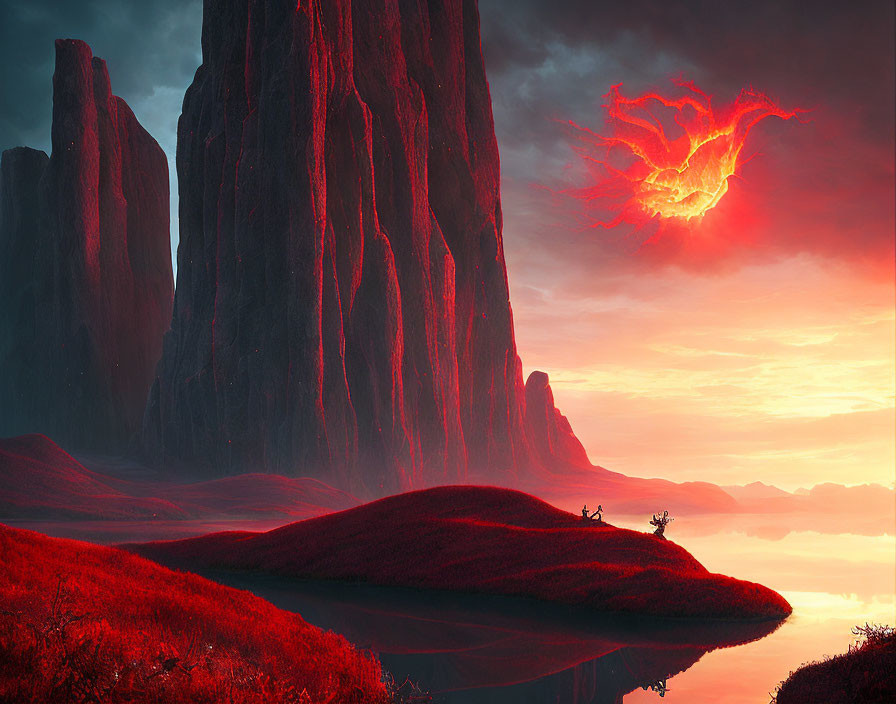 Dramatic red landscape with towering rock formations and fantastical bird-like creature in the sky