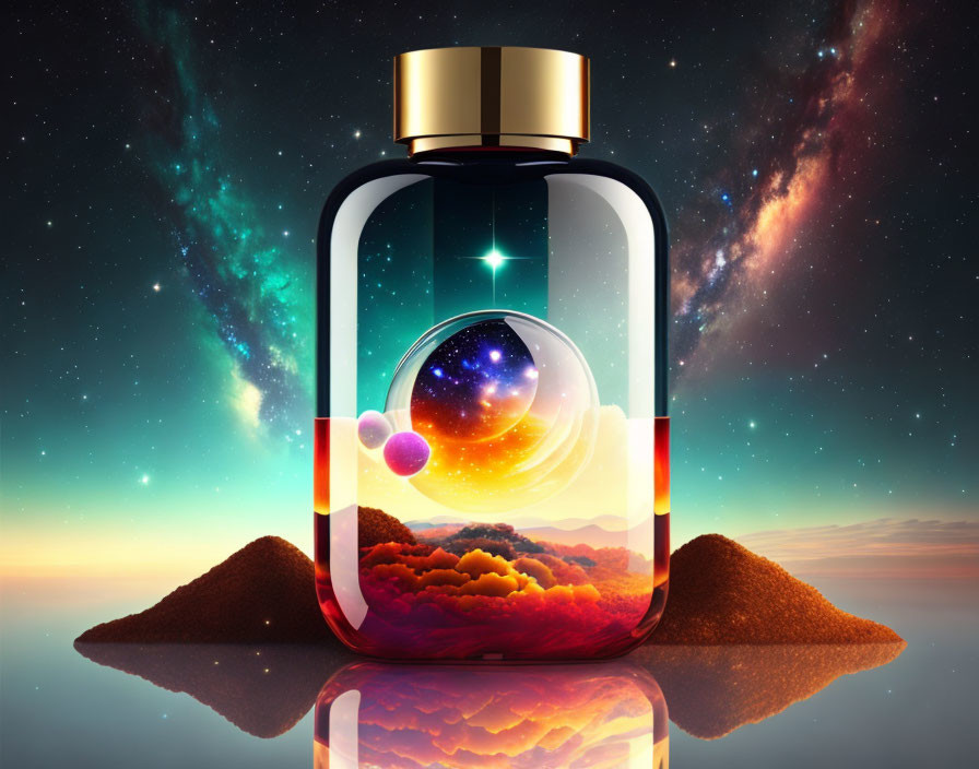 Cosmic-themed image of clear bottle with gold accents and vibrant nebula, planets, surreal landscape,