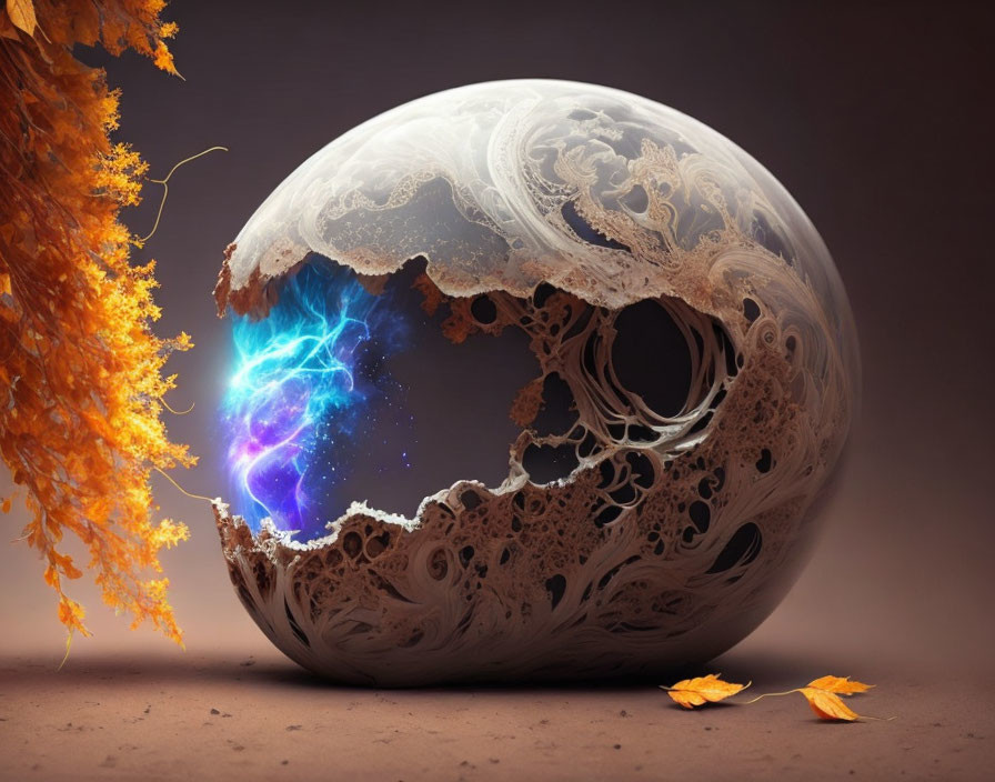 Ornate spherical object with fractal-like surface and blue glow on autumn leaves background