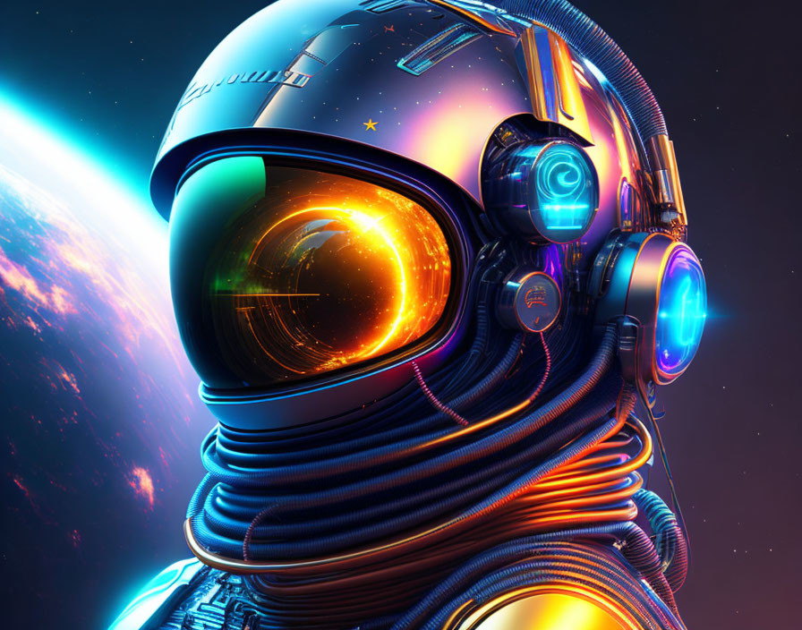 Futuristic astronaut helmet reflecting stars and planet in vibrant blue and orange hues