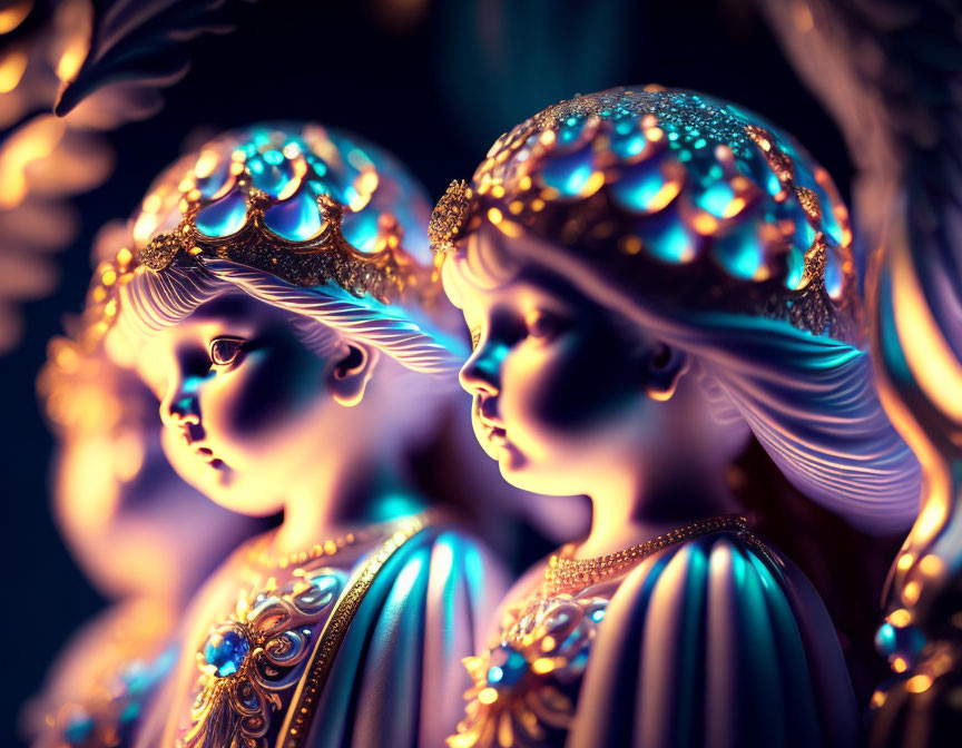 Detailed angel figurines with golden crowns and gowns in warm light