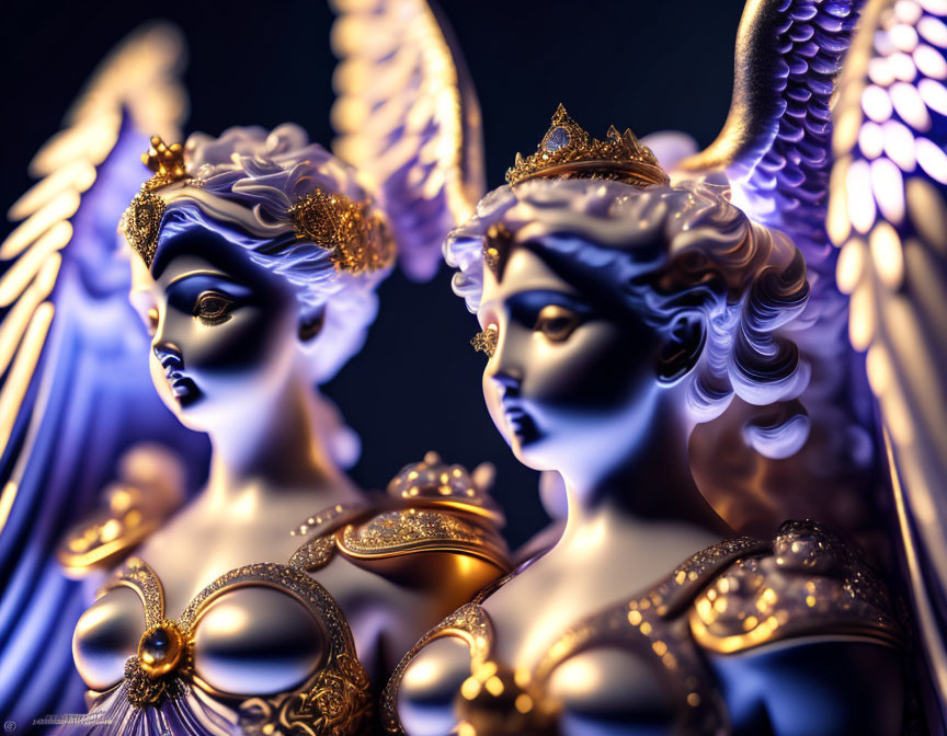 Ornate angelic statues with golden crowns and detailed wings under dramatic blue and gold lighting