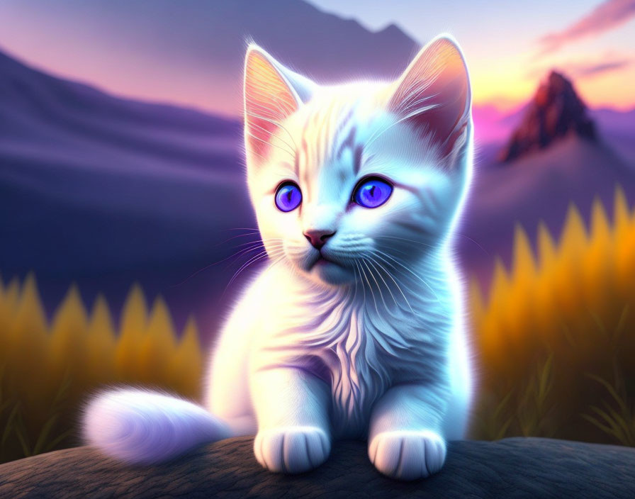 White Kitten with Blue Eyes on Rock at Sunset with Mountains