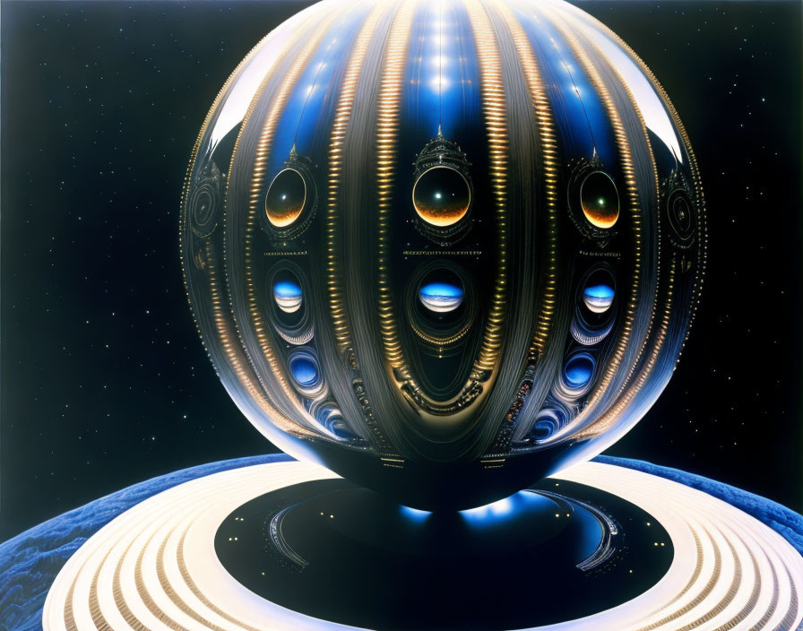 Futuristic spherical structure with glowing lines and circular portals above platform in space.