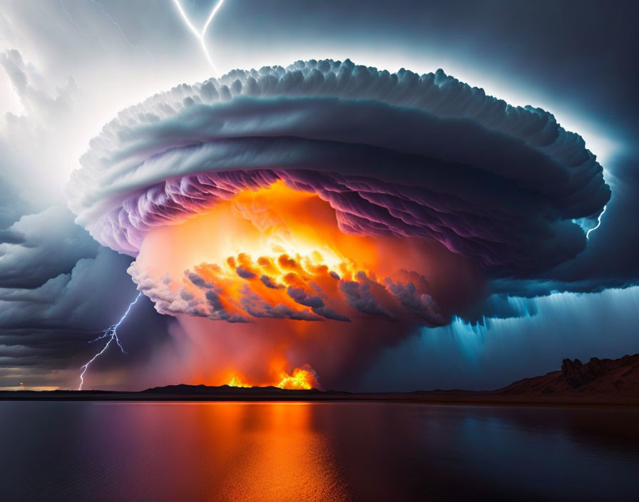 Supercell thunderstorm with lightning strikes over water in fiery orange glow