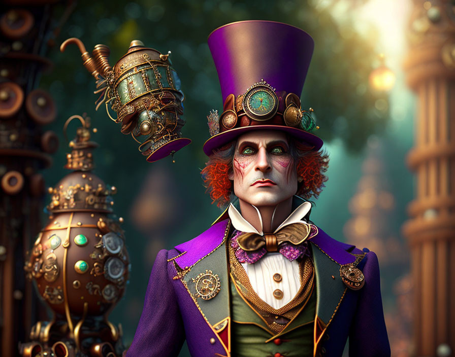 Steampunk-inspired costume with purple top hat, goggles, green & purple suit, clockwork accessories