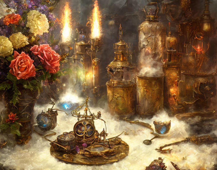 Steampunk laboratory with alchemical apparatus and glowing vials