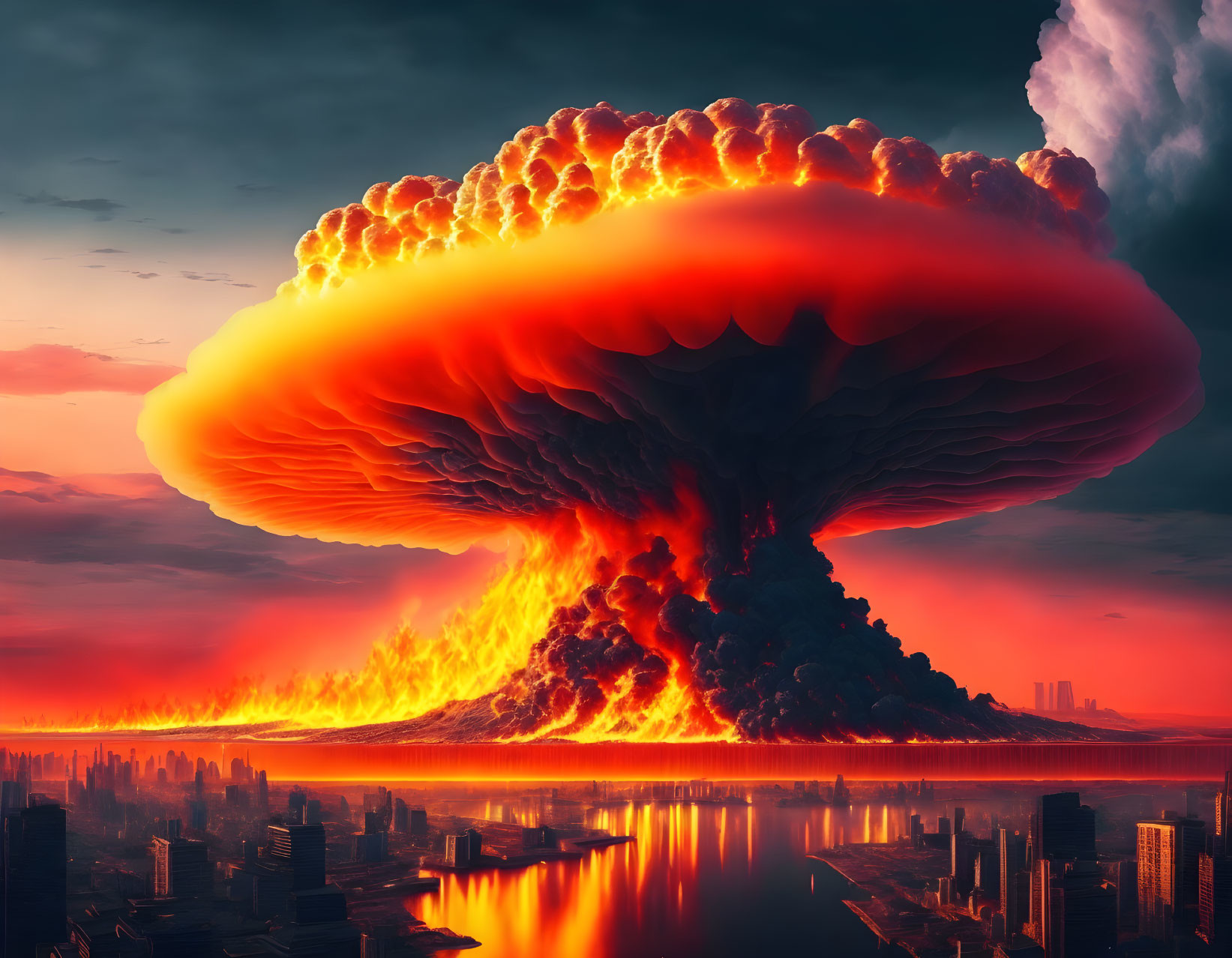 Fiery mushroom cloud over cityscape at sunset