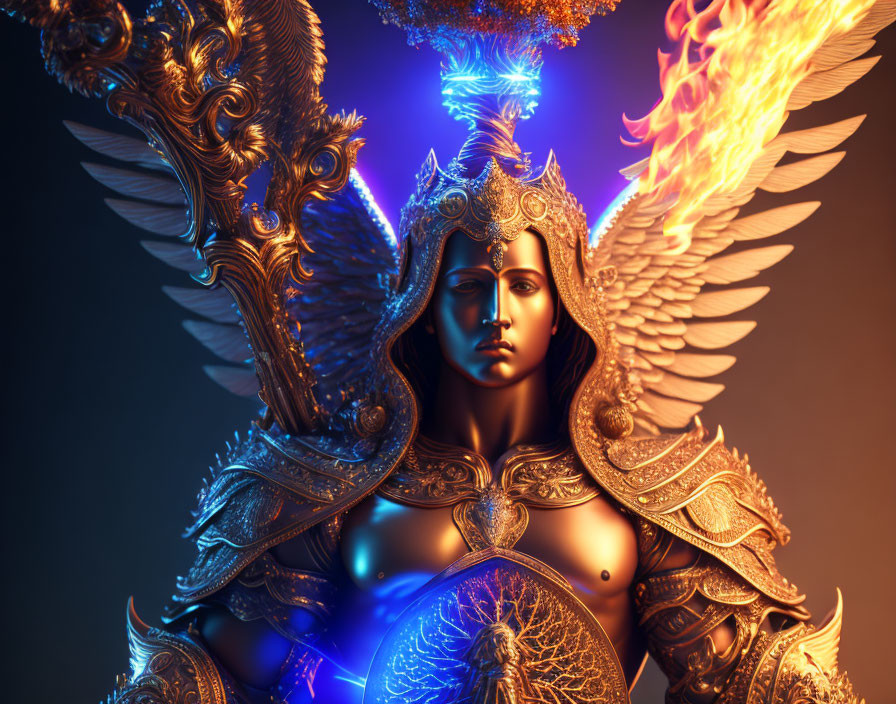 Symmetrical angelic figure in ornate armor with flaming and glowing wings holding a torch