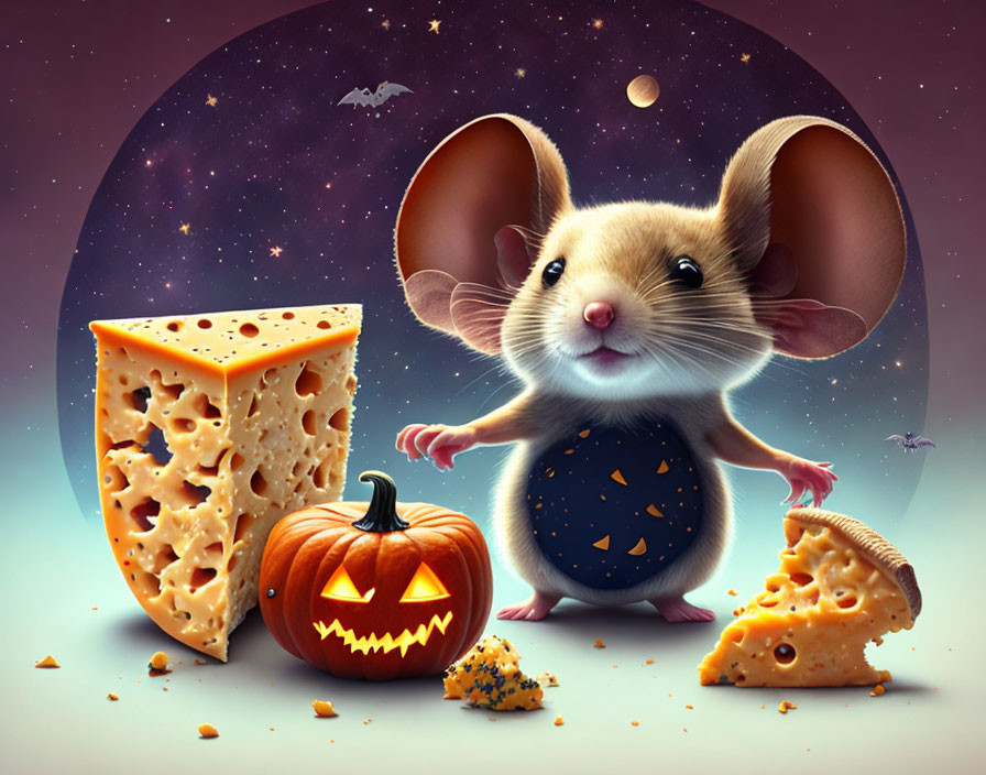 Stylized illustration of cute mouse with big eyes, pumpkin, cheese under starry, bats-filled