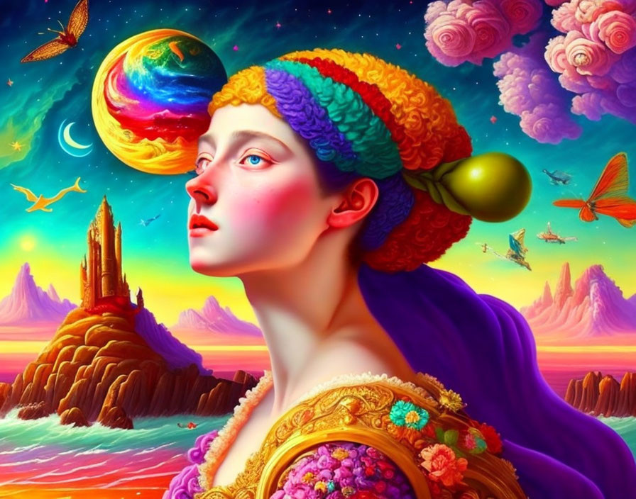 Colorful digital artwork: Woman with multicolored hair in cosmic landscape