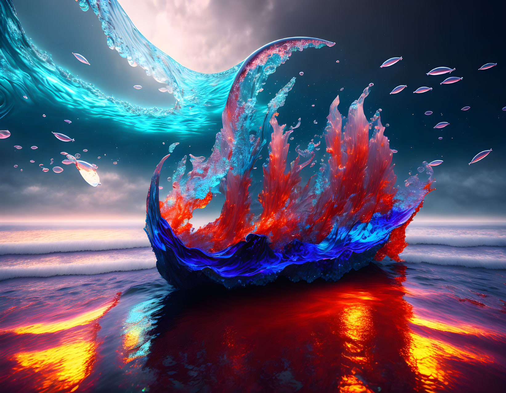 Vibrant water splash resembling flames in surreal sunset scene