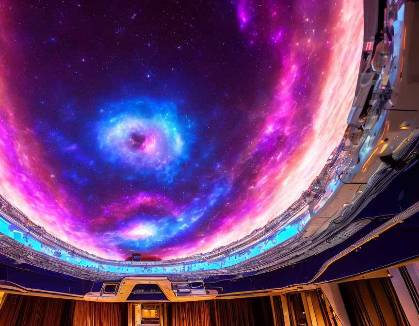 Colorful Planetarium Projection of Galaxy with Circular Seating Area