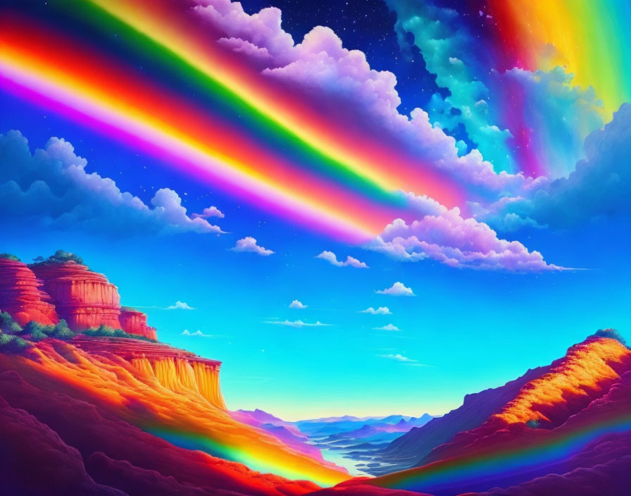 Colorful Canyon Landscape with Vibrant Rainbow and Starry Twilight Sky