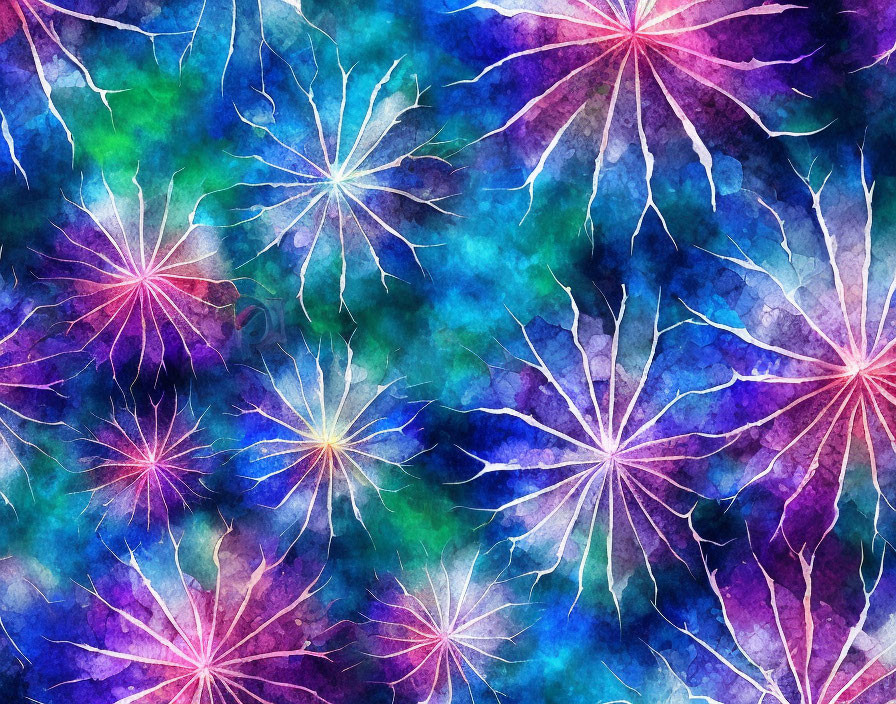 Vibrant Watercolor Painting: Starburst Patterns in Purple, Pink, Blue, and Green