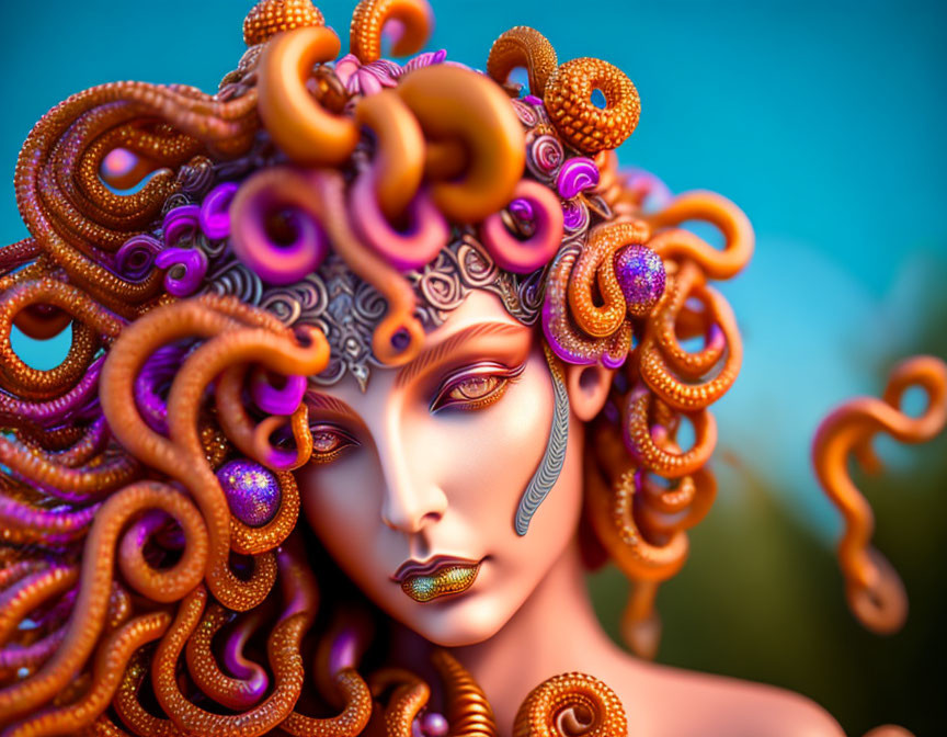 Colorful 3D female figure with ornate tentacle-like hair and captivating eyes