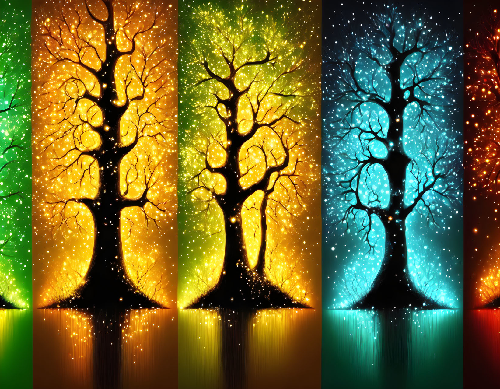 Silhouettes of three vibrant trees on colorful gradient background.