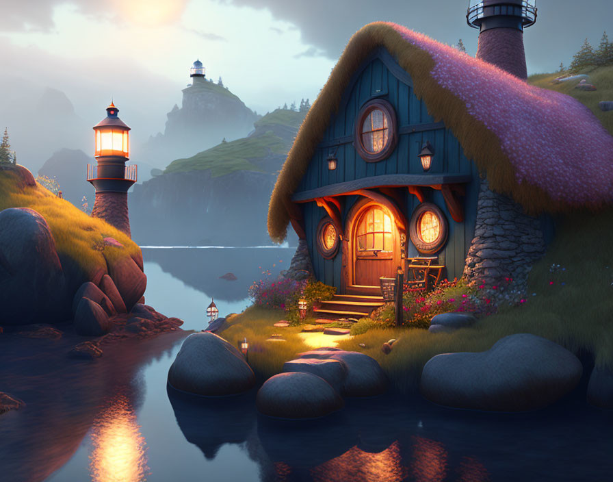 Charming fantasy cottage near two lighthouses at twilight