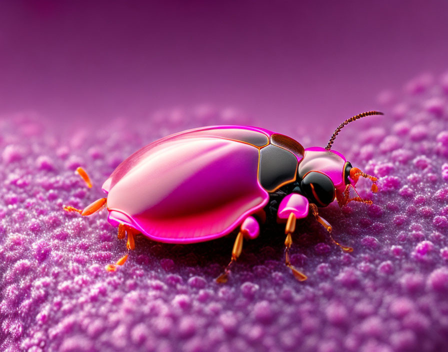 Iridescent Pink Beetle on Purple Textured Surface