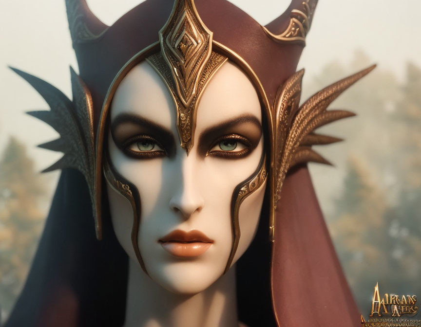 Fantasy character with golden headgear and striking makeup in close-up