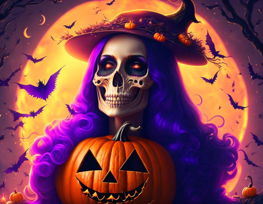 Skeleton with Purple Hair in Witch Hat Holding Pumpkin Under Full Moon