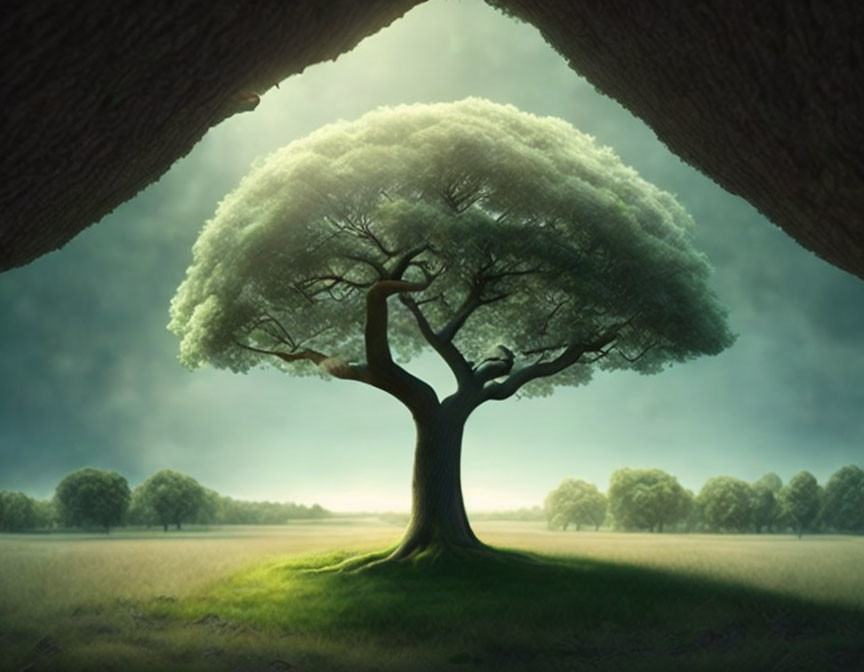 Majestic tree with lush canopy in serene grassy landscape