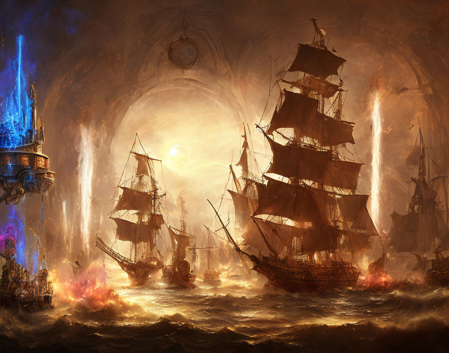 Fantastical nautical scene: tall ships, turbulent seas, fiery explosions, mysterious glowing structures