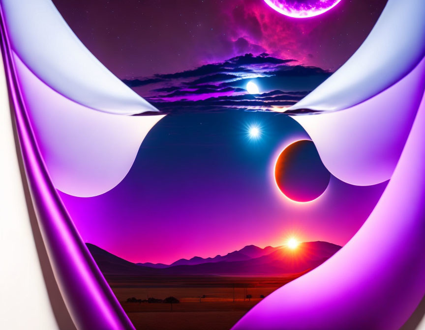 Abstract digital artwork: surreal purple landscape with vibrant sunset, stars, and celestial bodies