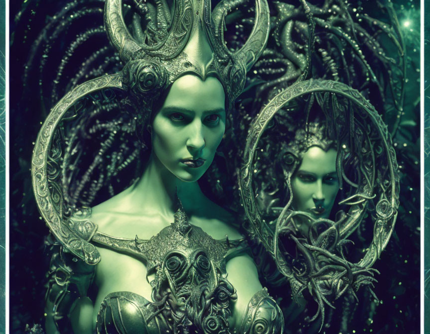 Fantasy art with two figures in ornate headpieces and metallic garments