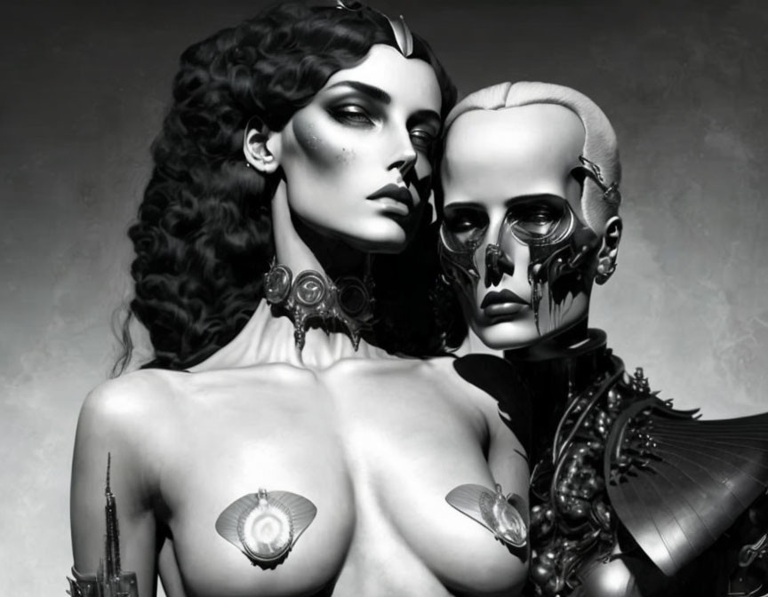 Monochrome image of two figures with feminine features and an android with mechanical parts