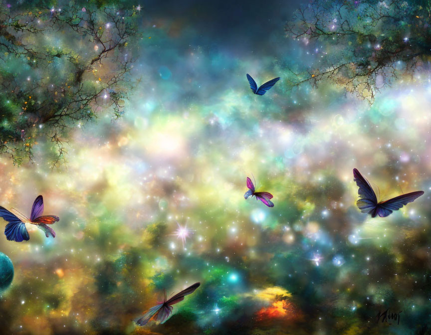 Colorful Butterflies in Cosmic Scene with Stars and Nebulae