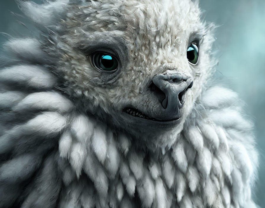 Fantastical creature with sheep-like woolly body and eagle face.