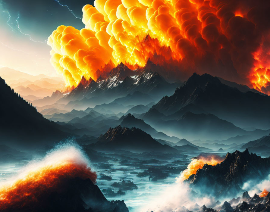 Fiery Orange Clouds Over Rugged Mountain Landscape