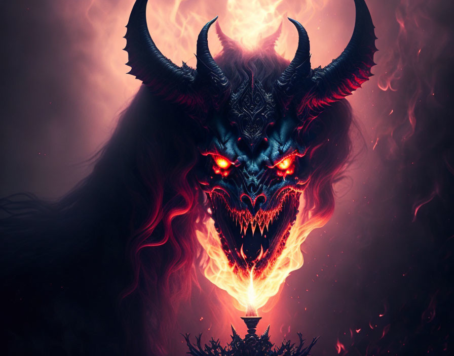 Fiery horned dragon head breathing fire on dark background