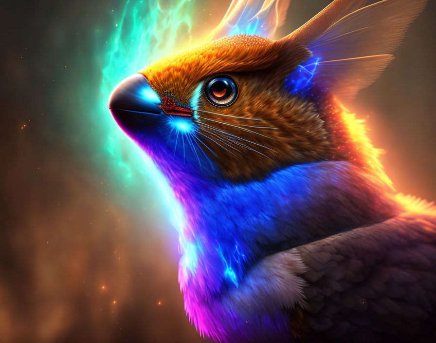 Vibrant creature with bird head and fox features in ethereal light