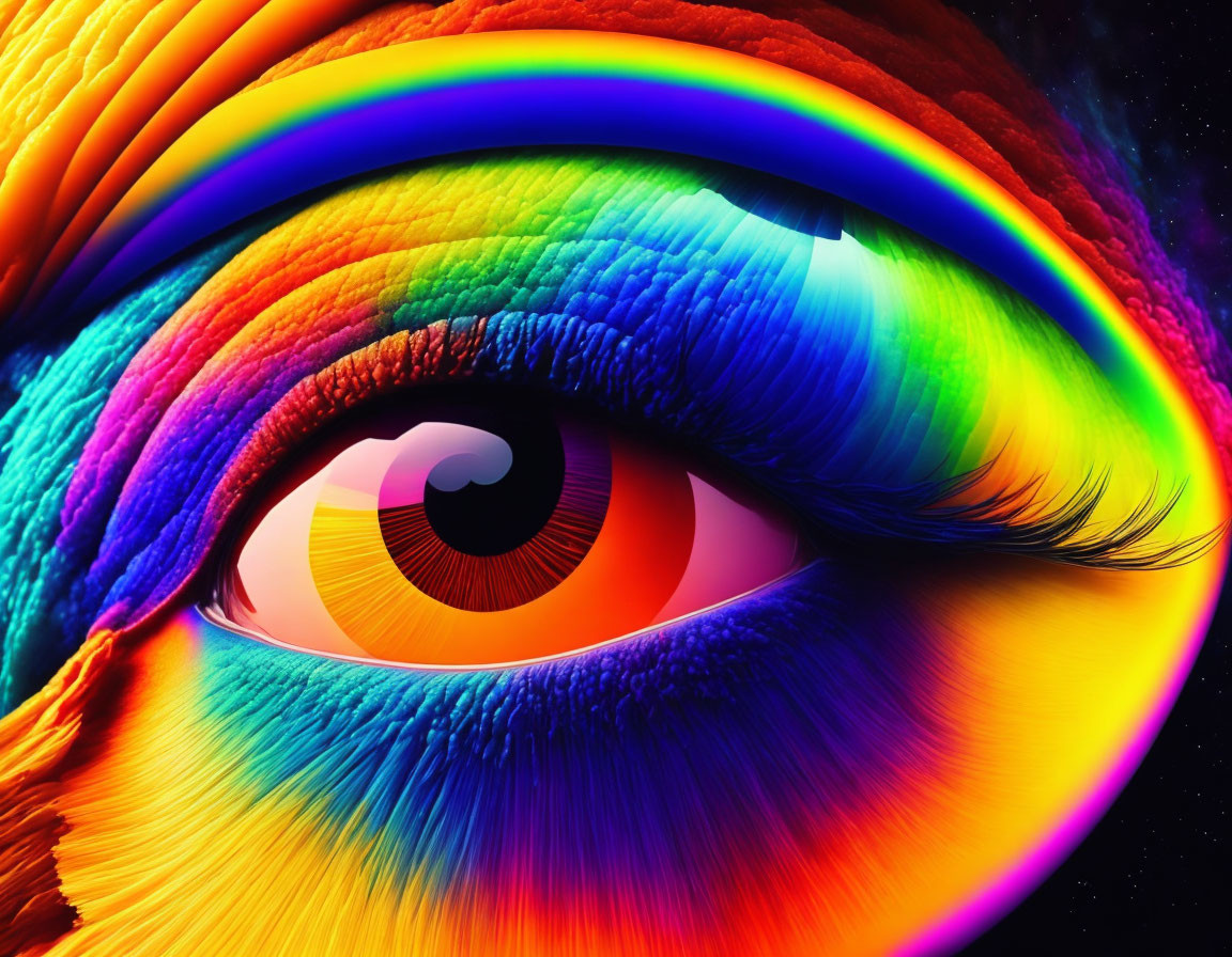 Close-up of human eye with rainbow-colored iris and eyelashes