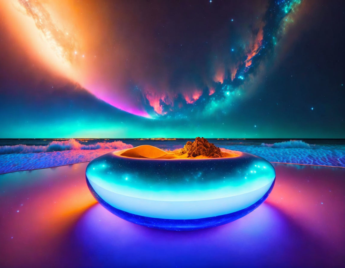 Vibrant surreal landscape with glowing ring on cosmic beach